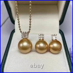 Gorgeous AAA 10-11mm south sea Golden ROUND pearl pendant earring set 925s