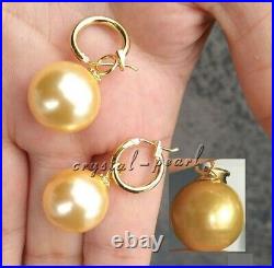 Gorgeous AAA+ 12-11mm real natural golden round pearl earring pendant 14k set