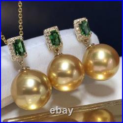 Gorgeous AAAA 10-11mm south sea Golden Round pearl pendant &earring sets 925s
