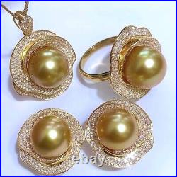 Gorgeous AAAA 10-11mm south sea Round Golden pearl Pendant Ring Earring set 925s