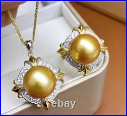 Gorgeous AAAA 10-11mm south sea Round Golden pearl Pendant Ring Earring set 925s