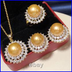 Gorgeous AAAA 10-11mm south sea gold stud pearl pendant &earring& ring set 925S