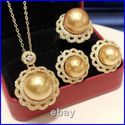 Gorgeous AAAA 9-10mm south sea Golden stud pearl pendant &earring&ring set 925s Gorgeous AAAA 9-10mm south sea Golden stud pearl pendant &earring&ring set 925s