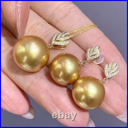 Gorgeous AAAAA 10-11mm South Sea Gold Round Pearl Pendant Earring Set 925s