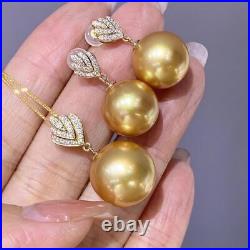 Gorgeous AAAAA 10-11mm South Sea Gold Round Pearl Pendant Earring Set 925s