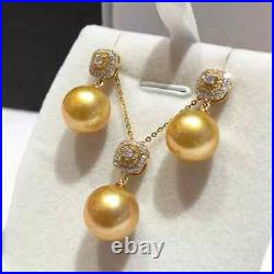 Gorgeous AAAAA+10-11mm South Sea Golden Pearl Pendant Earrings Necklace Set 925s