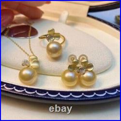 Gorgeous AAAAA 10-11mm south sea Golden ROUND pearl pendant earring ring set