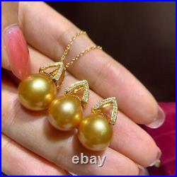 Gorgeous AAAAA 10-11mm south sea Golden ROUND pearl pendant earring set 925s