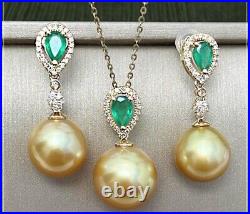 Gorgeous AAAAA 10-11mm south sea Golden ROUND pearl pendant earring set 925s
