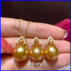 Gorgeous AAAAA 10-11mm south sea Golden ROUND pearl pendant earring set 925s