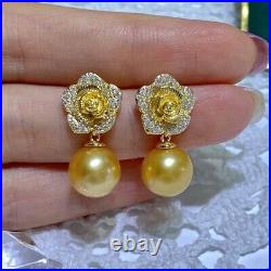Gorgeous AAAAA 10-11mm south sea Golden ROUND pearl pendant earring set 925s
