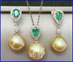 Gorgeous AAAAA 10-11mm south sea Golden ROUND pearl pendant earring set 925s