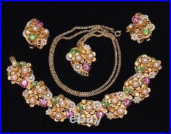 Gorgeous ART PASTEL Rhinestone & PEARL Goldtone Necklace Bracelet Earring SET