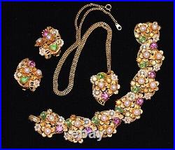 Gorgeous ART PASTEL Rhinestone & PEARL Goldtone Necklace Bracelet Earring SET