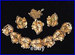 Gorgeous ART PASTEL Rhinestone & PEARL Goldtone Necklace Bracelet Earring SET