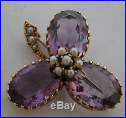 Gorgeous Antique 9k Gold Brooch Set With 3 Oval Faceted Amethysts And 10 Pearls
