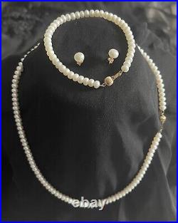 Gorgeous HONORA Vintage BUTTON PEARL NECKLACE/BRACELET/EARRINGS SET 14K GOLD See