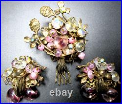 Gorgeous Pink Lavender Glass Bead Golden Leaves Flowers Vintage Pin Earring Set