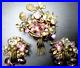 Gorgeous-Pink-Lavender-Glass-Bead-Golden-Leaves-Flowers-Vintage-Pin-Earring-Set-01-xqz