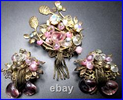 Gorgeous Pink Lavender Glass Bead Golden Leaves Flowers Vintage Pin Earring Set