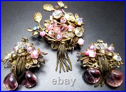 Gorgeous Pink Lavender Glass Bead Golden Leaves Flowers Vintage Pin Earring Set