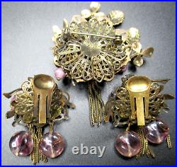 Gorgeous Pink Lavender Glass Bead Golden Leaves Flowers Vintage Pin Earring Set