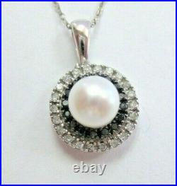 Gorgeous Real 14K White Gold Pearl & White & Black Diamond Pendant + Chain Set