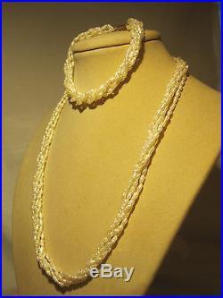 Gorgeous Vintage 14k Gold Genuine Pearl 5-strand Necklace & Bracelet Set Estate