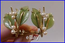 Gorgeous Vintage 14kt Yellow Gold Jade & Pearl Brooch & Clip-On Earring Set
