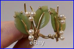 Gorgeous Vintage 14kt Yellow Gold Jade & Pearl Brooch & Clip-On Earring Set