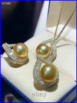 Gorgeous set of 10-11m south sea round gold pearl pendant & earring 925s(tb diy)