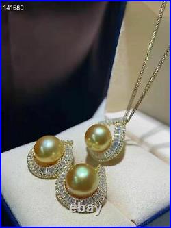 Gorgeous set of 10-11m south sea round gold pearl pendant & earring 925s(tb diy)