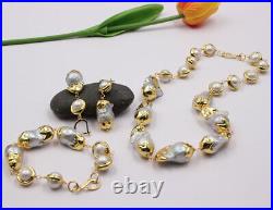 Gray Keshi Pearl White Pearl Gold Plated Edge Necklace Bracelet Earrings Sets