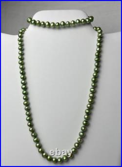 Green Pearl Necklace Bracelet Set Genuine 18.5 Long 6mm Near Round 14k Gold