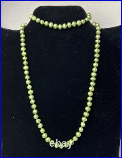 Green Pearl Necklace Bracelet Set Genuine 18.5 Long 6mm Near Round 14k Gold