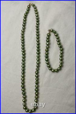 Green Pearl Necklace Bracelet Set Genuine 18.5 Long 6mm Near Round 14k Gold