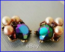HAR Gold Plated Cuff/Bracelet & Clip Earrings Faux Pearl AB Peacock Rhinestones