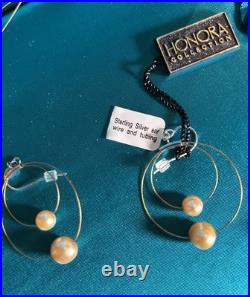 HONORA Authentic Golden Pearl NECKLACE, and Drop EARRINGS Set. Stainless Steel