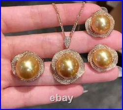 HUGE AAAA 10-11mm south sea Golden Round pearl pendant earring ring sets 925s