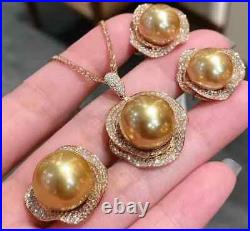 HUGE AAAA 10-11mm south sea Golden Round pearl pendant earring ring sets 925s