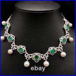 HUGE SET 40.11 TCW Zambian Emerald Pearls & Diamond 14K White Gold Over Necklace