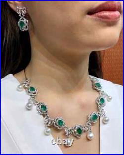 HUGE SET 40.11 TCW Zambian Emerald Pearls & Diamond 14K White Gold Over Necklace