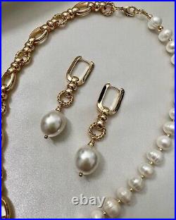 Half Chain Half Natural Pearl Womens Necklace Set With Earrings Gold White