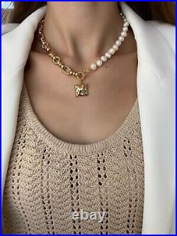 Half Chain Half Natural Pearl Womens Necklace Set With Earrings Gold White