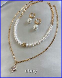 Half Chain Natural Pearl Womens Necklace Set With Earrings Gold White Pendant