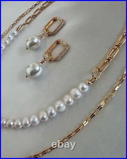 Half Chain Natural Pearl Womens Necklace Set With Earrings Gold White Pendant