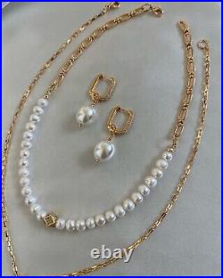 Half Chain Natural Pearl Womens Necklace Set With Earrings Gold White Pendant