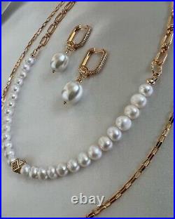 Half Chain Natural Pearl Womens Necklace Set With Earrings Gold White Pendant