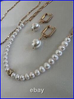 Half Chain Natural Pearl Womens Necklace Set With Earrings Gold White Pendant