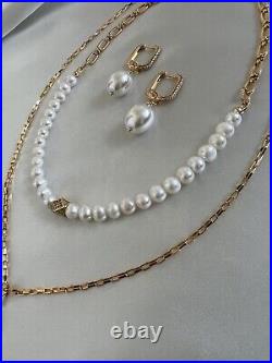 Half Chain Natural Pearl Womens Necklace Set With Earrings Gold White Pendant